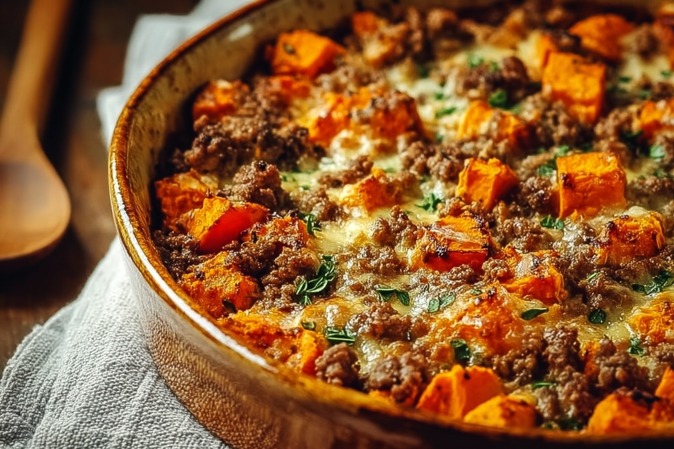Ground turkey sweet potato bake served in a dish with herbs on top