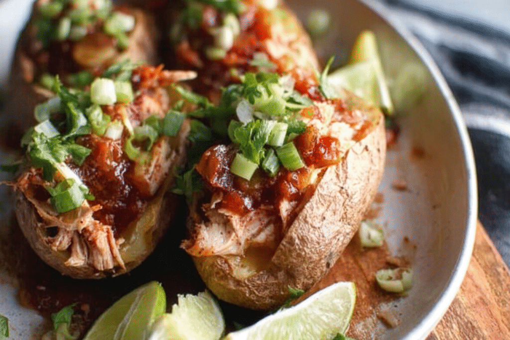 Whole30 Slow Cooker Salsa Chicken served in stuffed potatoes