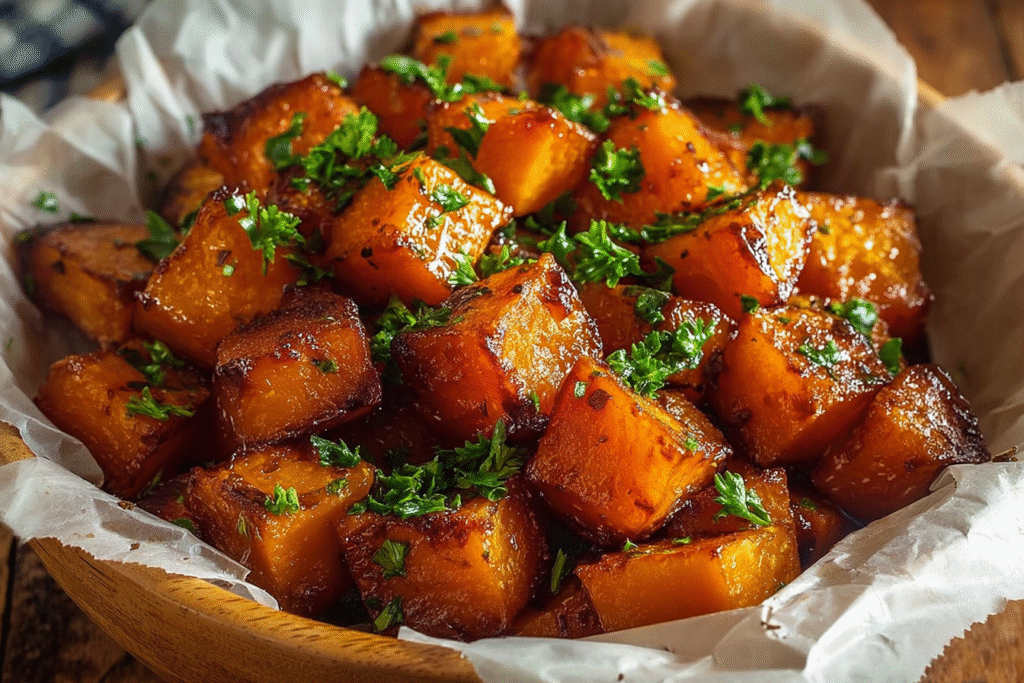 Delicious roasted sweet potatoes drizzled with honey and sprinkled with cinnamon.