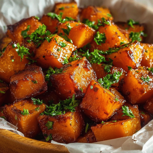 Delicious roasted sweet potatoes drizzled with honey and sprinkled with cinnamon.