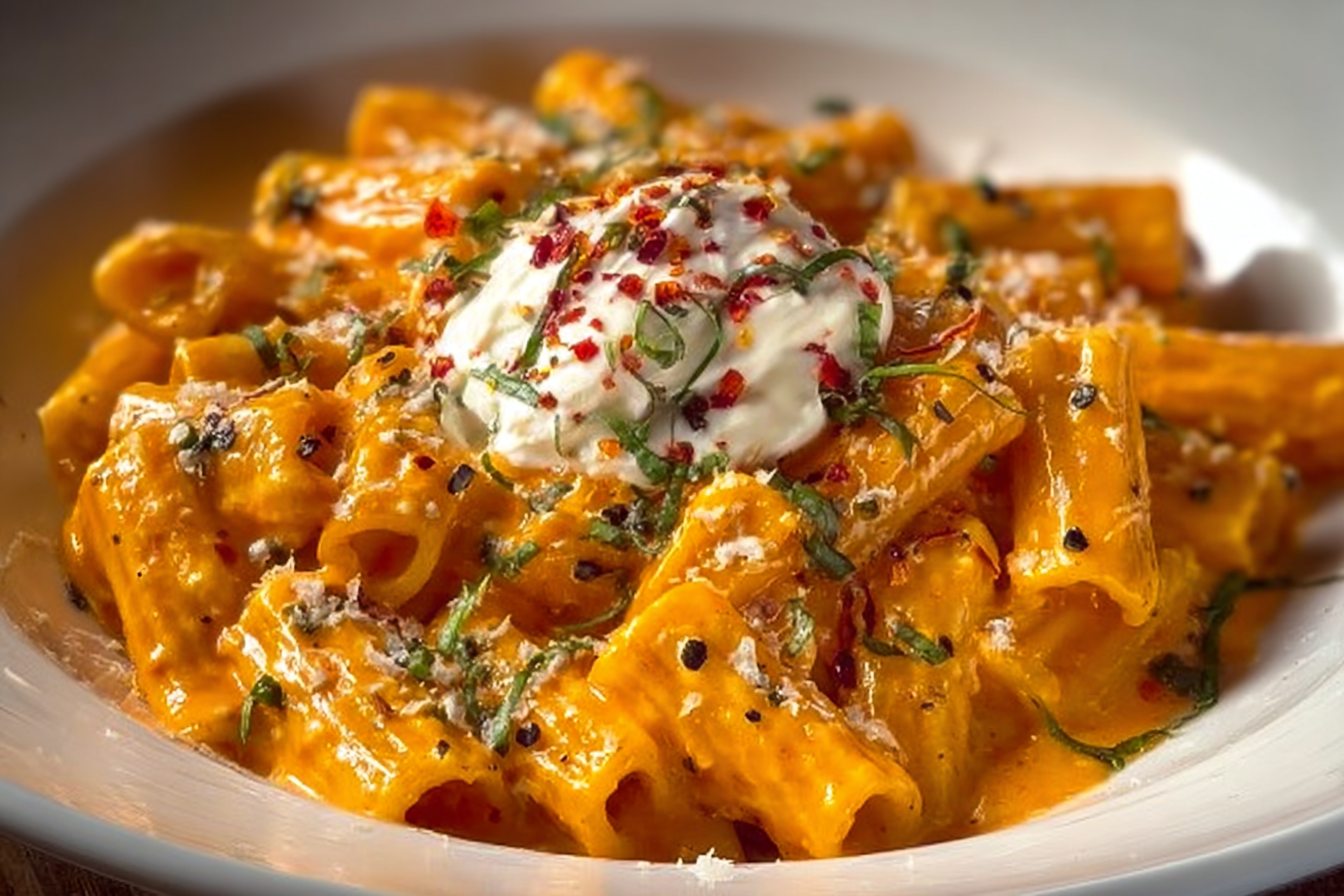 Creamy tomato garlic pasta served in a bowl with fresh herbs