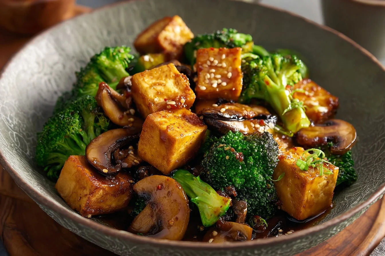 Mushroom Tofu Stir-Fry dish with vibrant vegetables and tofu in a serving bowl