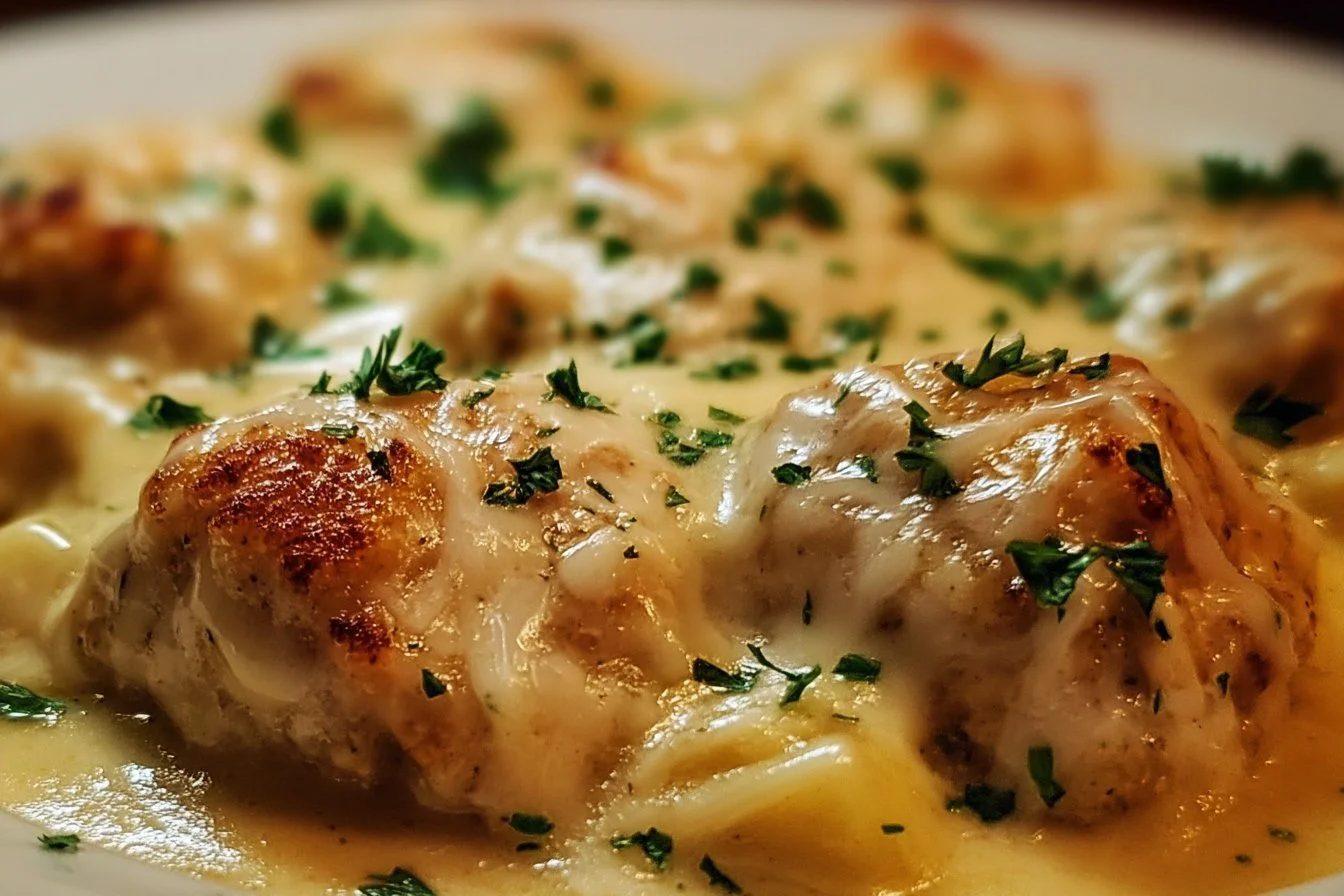 One-Pan Chicken served with Buttered Noodles on a plate