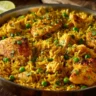 One Pan Mediterranean Chicken served with rice and vegetables