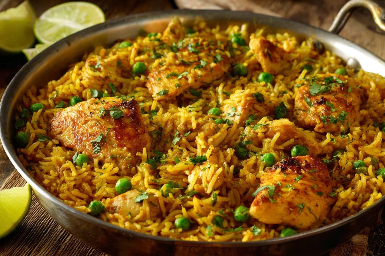 One Pan Mediterranean Chicken served with rice and vegetables