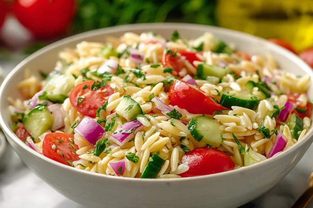 Vibrant orzo pasta salad with fresh vegetables and herbs