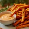 Oven baked sweet potato fries served in a bowl with a dipping sauce