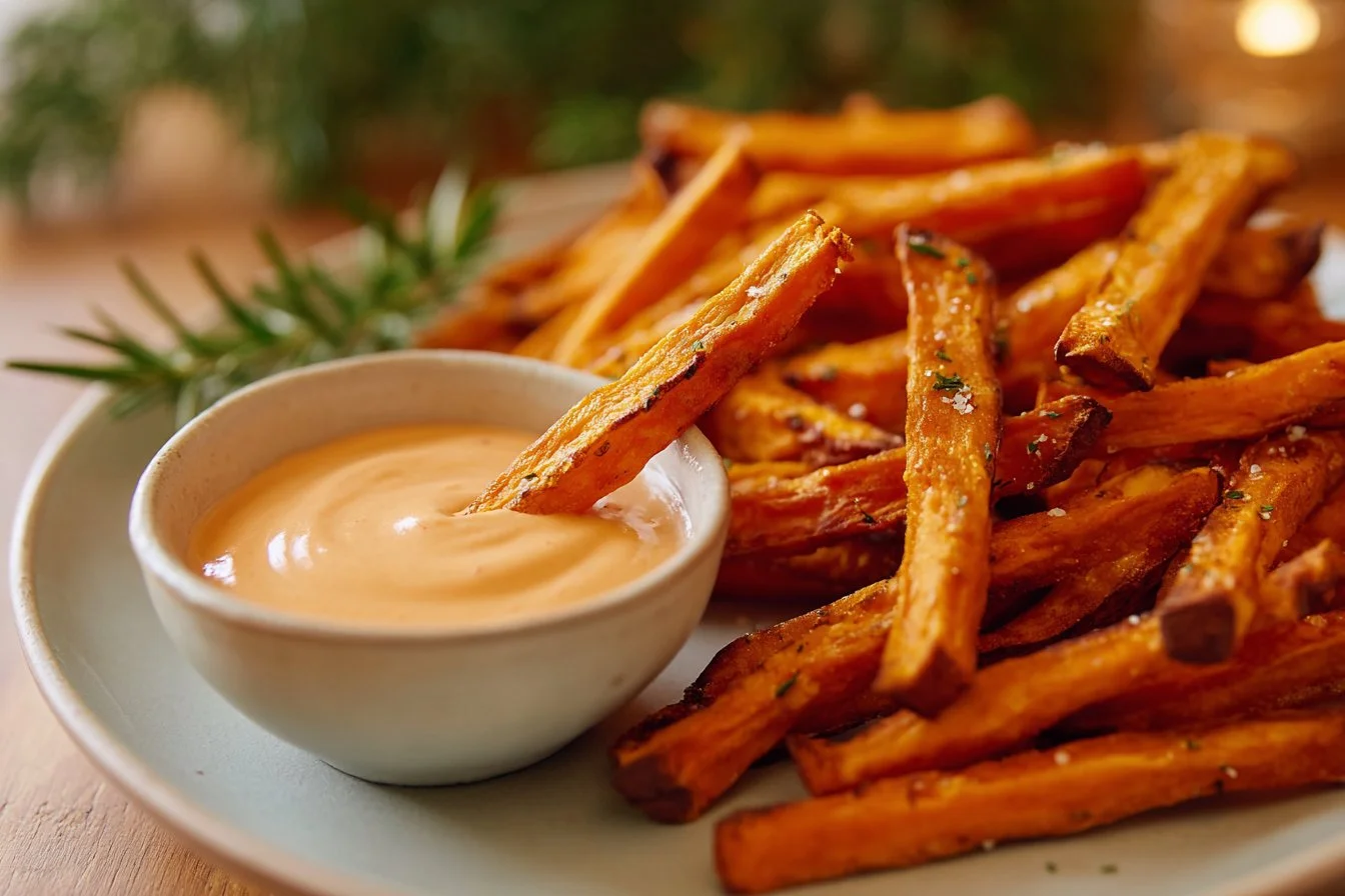 Oven baked sweet potato fries served in a bowl with a dipping sauce
