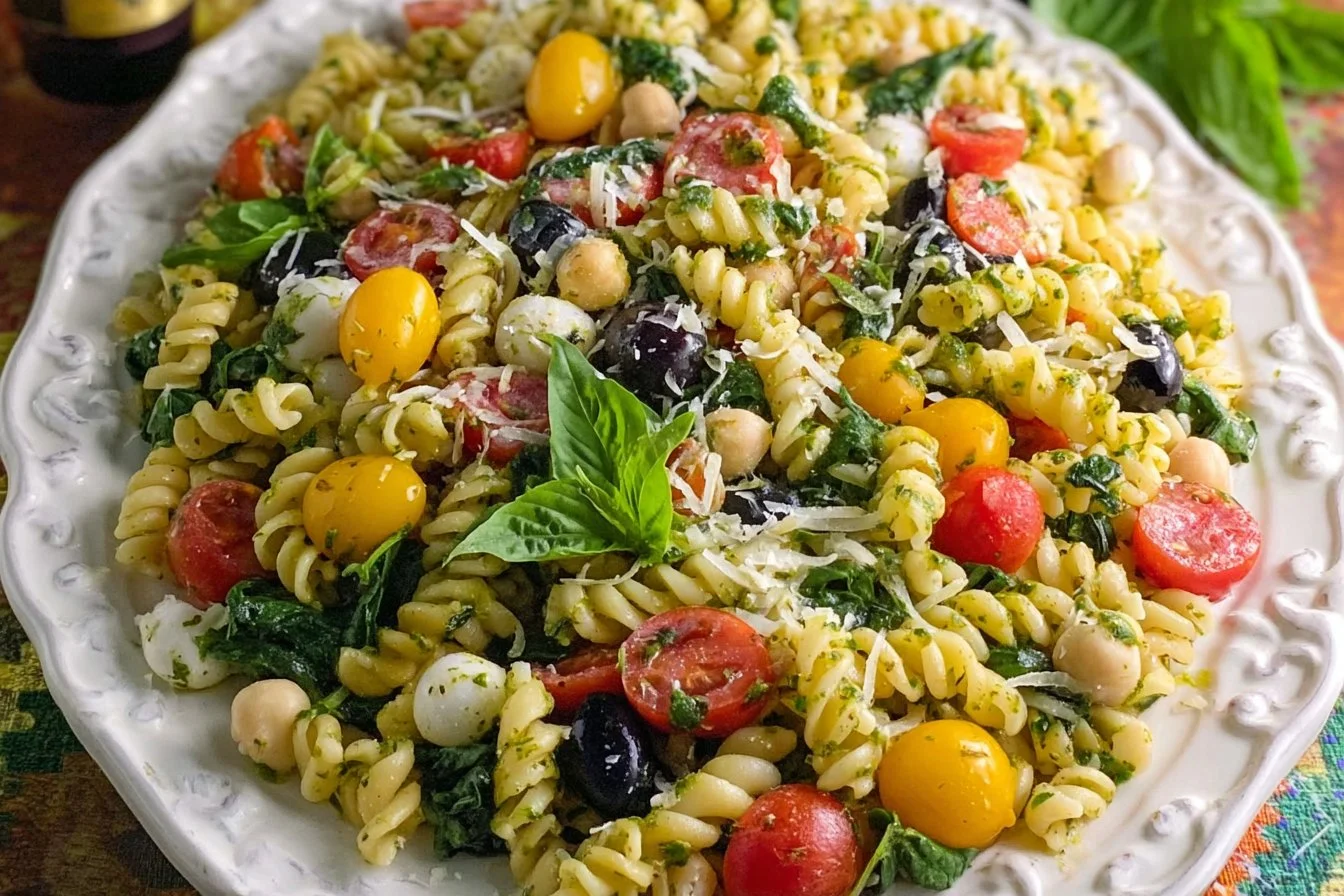 Delicious pesto pasta salad served in a bowl with cherry tomatoes and basil.