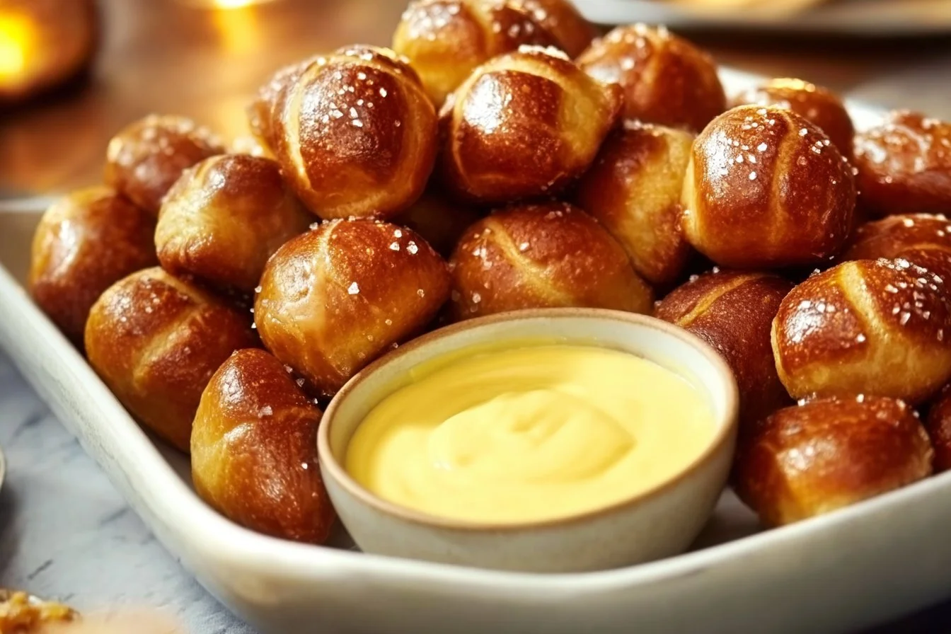 A plate of freshly baked pretzel bites with dipping sauces.