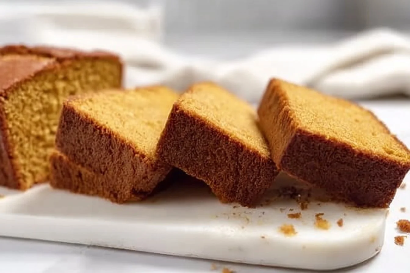 Freshly baked pumpkin bread, rich and buttery, served on a wooden cutting board.