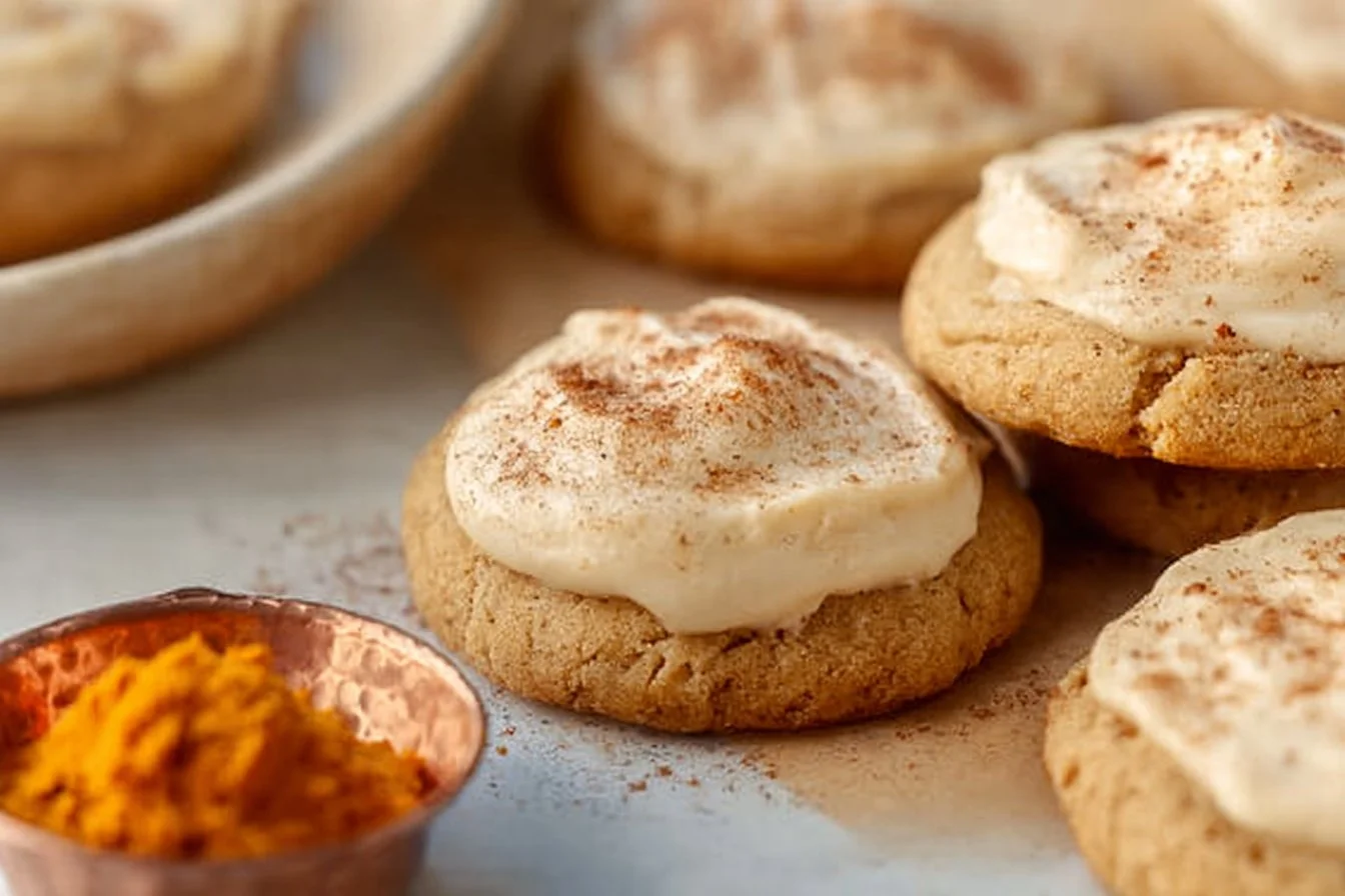 Delicious Pumpkin Cheesecake Cookies on a plate decorated with fall leaves