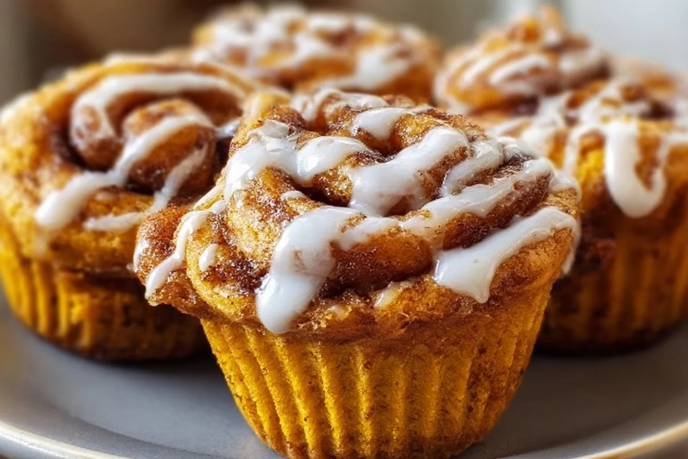 Freshly baked Pumpkin Cinnamon Roll Muffins topped with icing