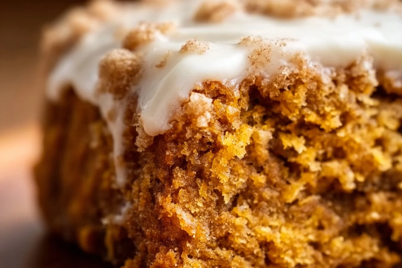 Slice of pumpkin coffee cake on a plate, topped with cream cheese frosting.