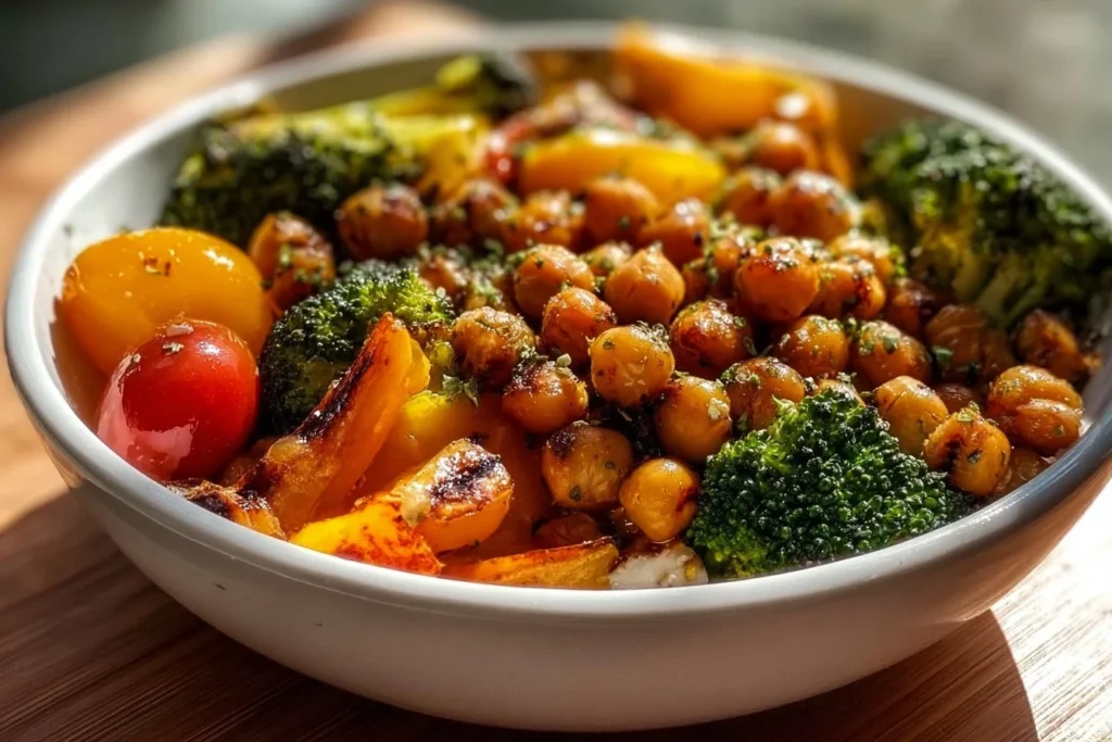 Delicious roasted chickpeas and veggie bowl, healthy meal option.