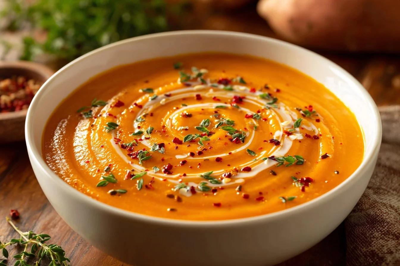 A bowl of creamy roasted sweet potato soup garnished with herbs