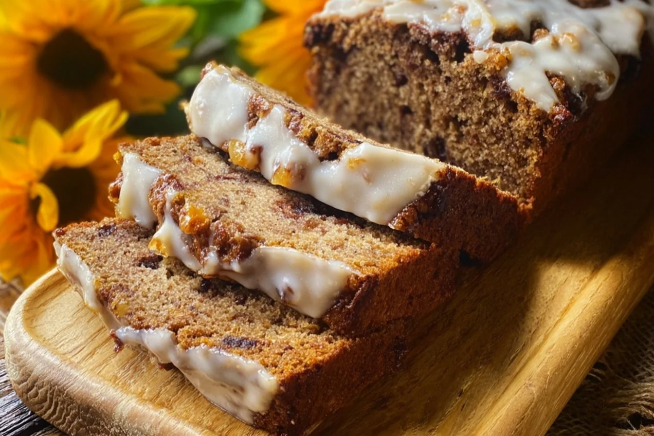 Rustic Tuscan banana bread with chocolate, hazelnuts, and espresso slices on a wooden board