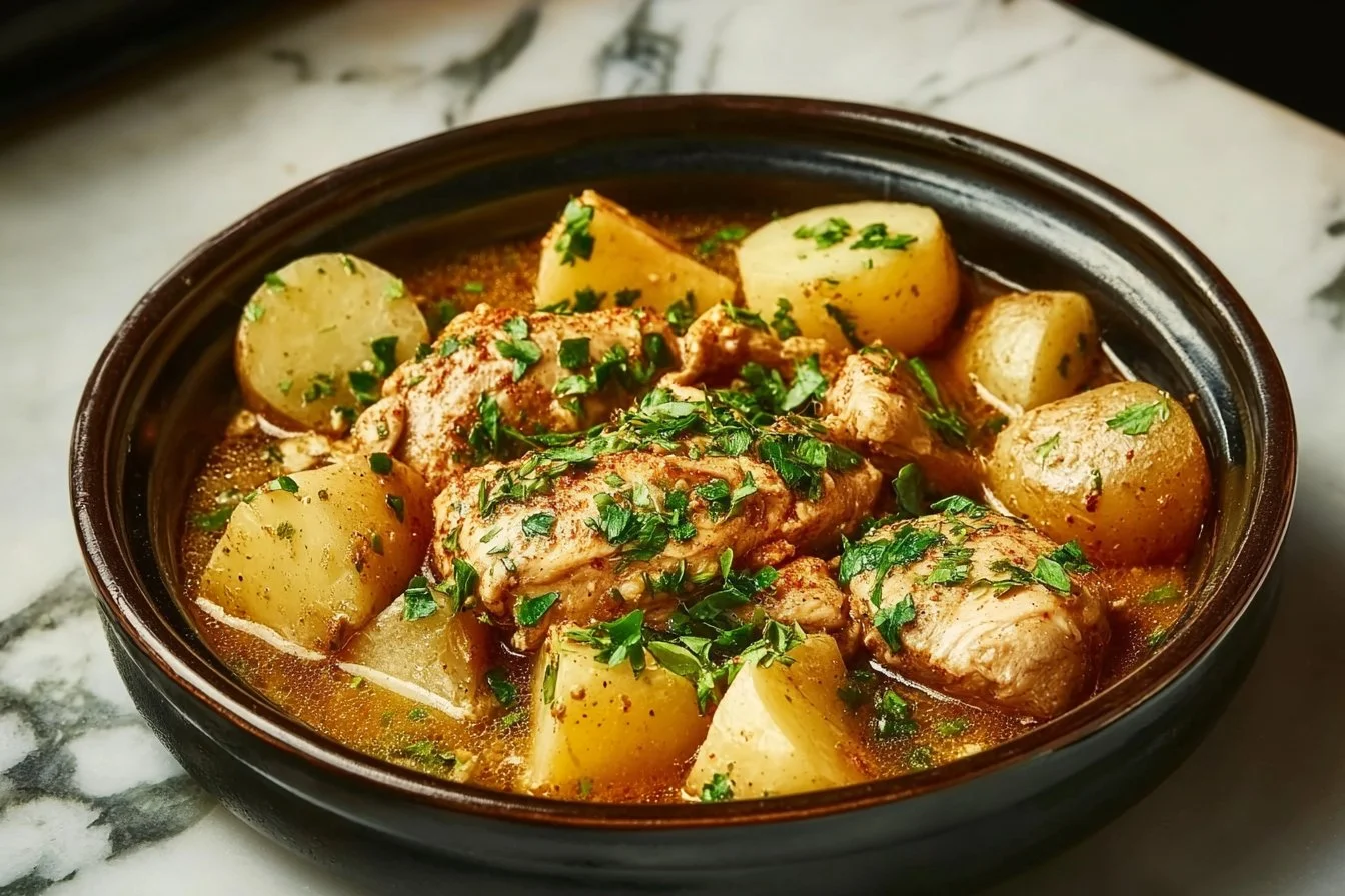 Slow Cooker Parmesan Garlic Chicken with crispy potatoes served on a plate.