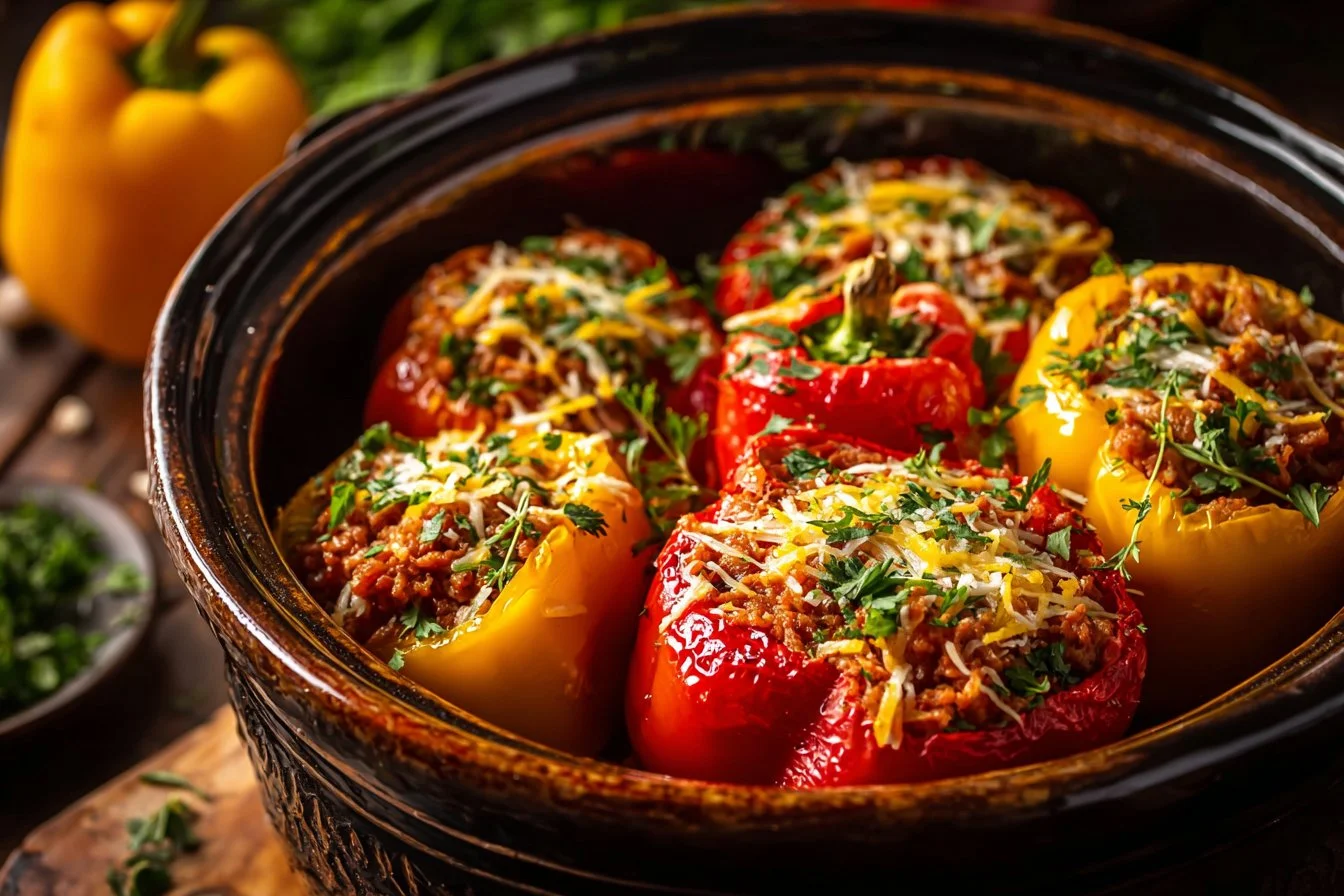 Slow cooker stuffed bell peppers filled with rice, meat, and spices