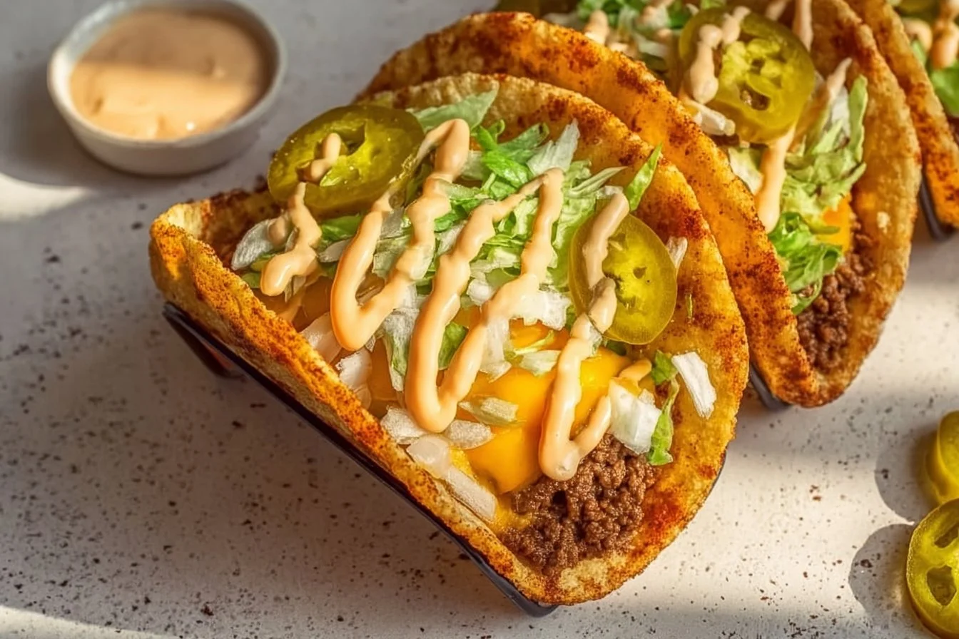Smash Burger Tacos with juicy beef patties and fresh toppings in a tortilla