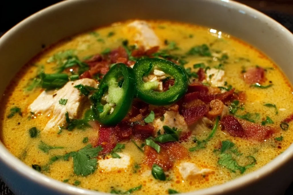 Bowl of spicy jalapeño popper chicken soup garnished with cheese and jalapeños