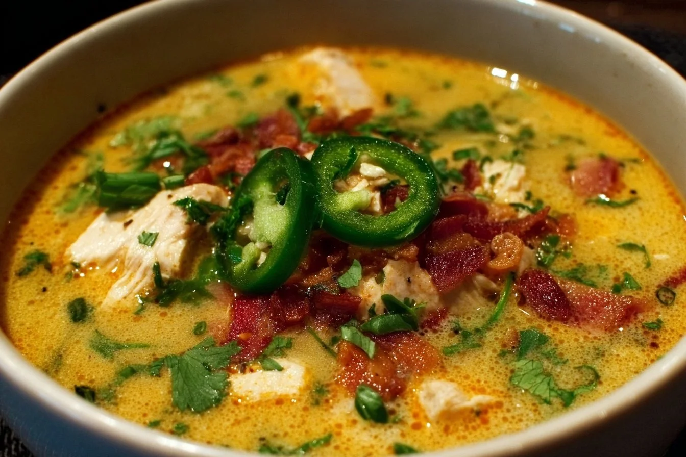 Bowl of spicy jalapeño popper chicken soup garnished with cheese and jalapeños