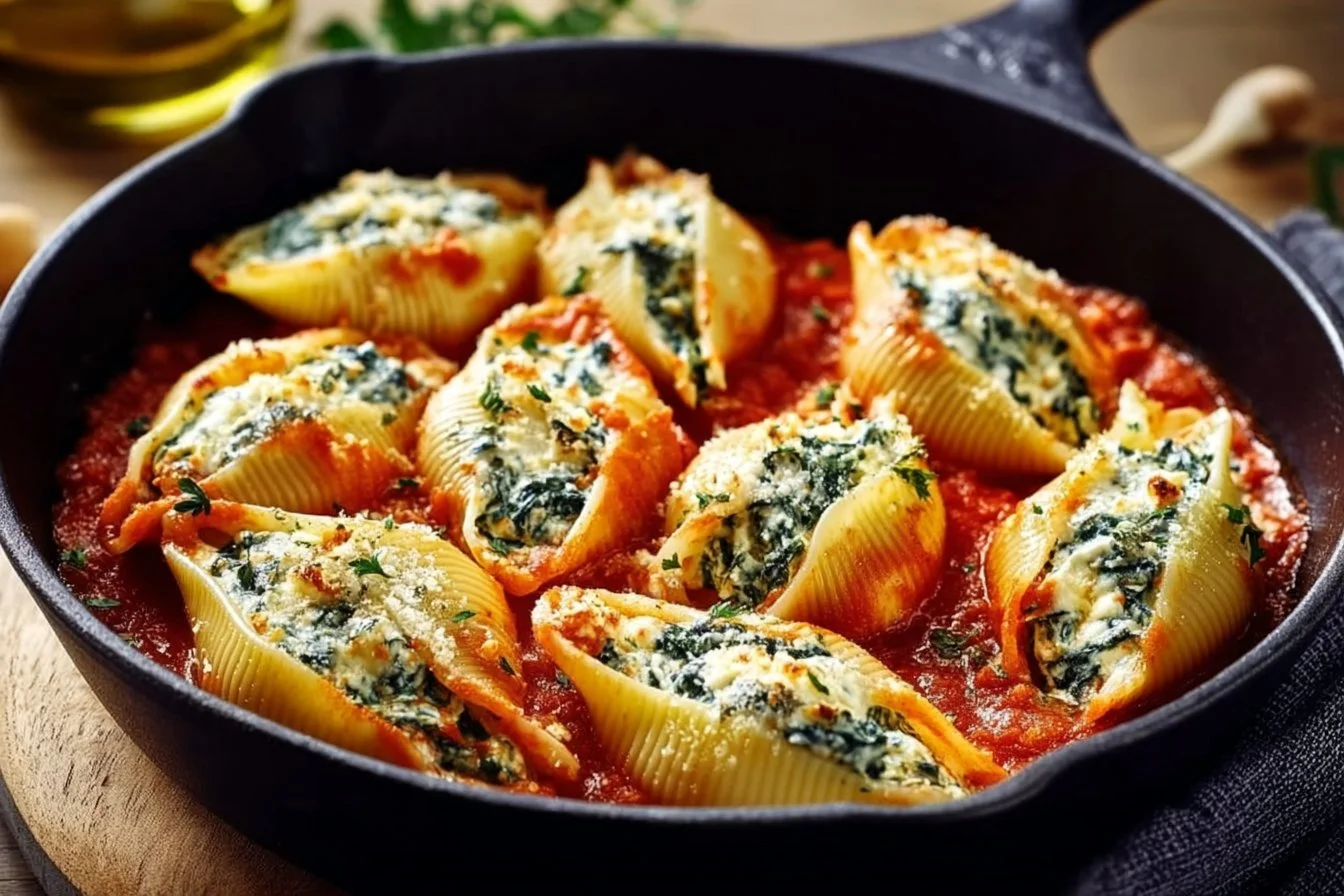 Plate of spinach and ricotta stuffed shells ready to serve