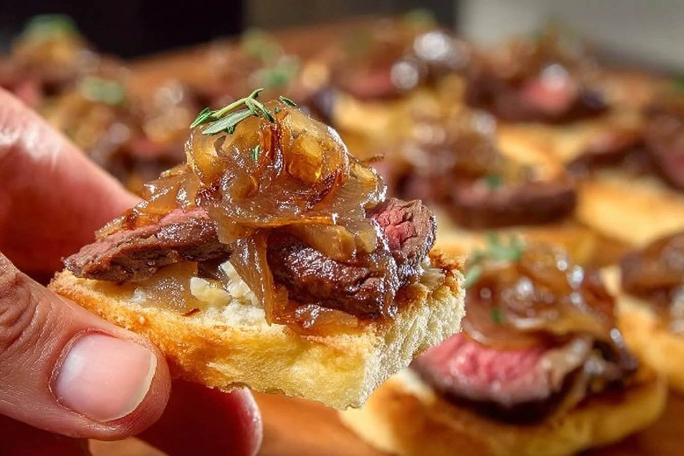 Delicious Steak Crostini garnished with creamy horseradish sauce and caramelized onions