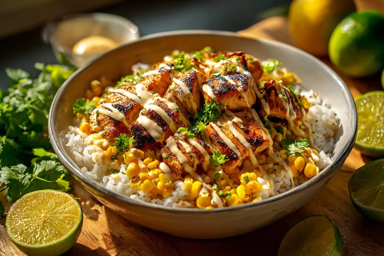 Delicious Street Corn Chicken Rice Bowl with fresh ingredients and vibrant flavors.