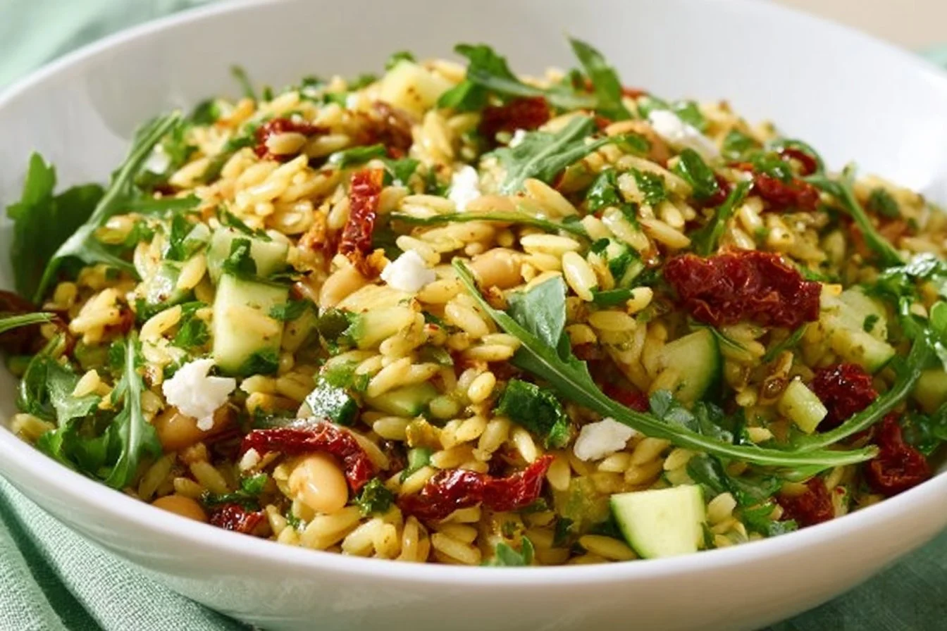 Colorful Sun Dried Tomato Orzo Pesto Salad served in a bowl