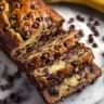 Super Moist Chocolate Chip Banana Bread baked and sliced for serving