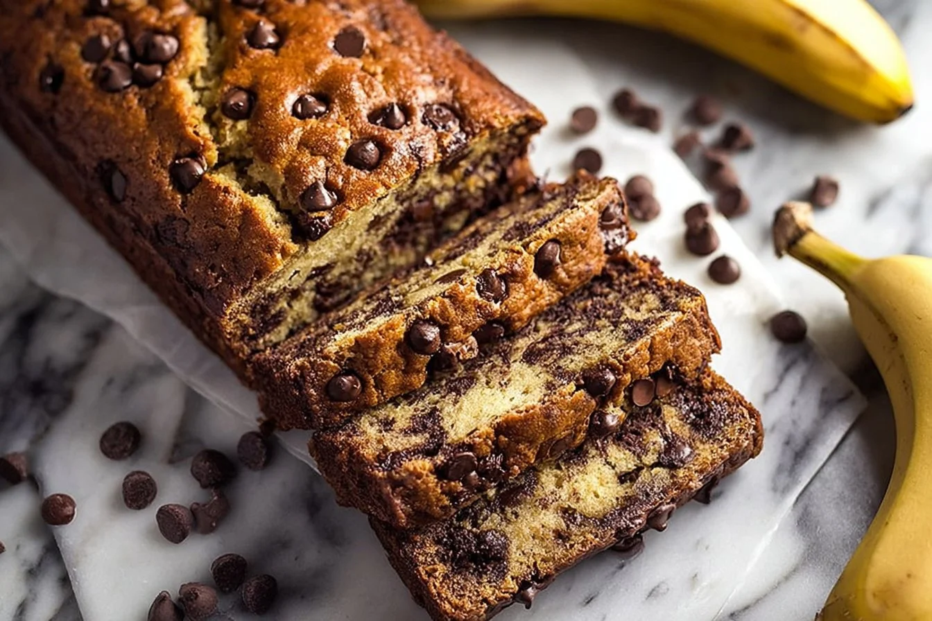 Super Moist Chocolate Chip Banana Bread baked and sliced for serving