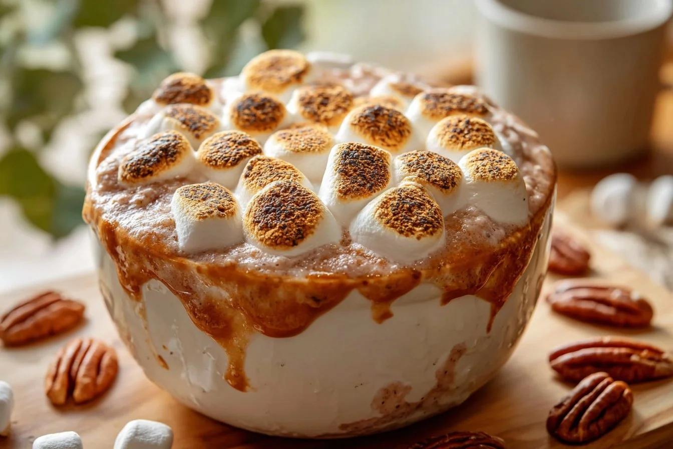 Sweet potato casserole topped with marshmallows ready for baking