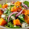 colorful sweet potato salad with vegetables and dressing served in a bowl