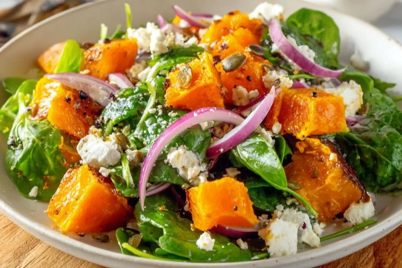 colorful sweet potato salad with vegetables and dressing served in a bowl
