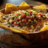 Delicious Texas Trash Dip served in a bowl with tortilla chips.