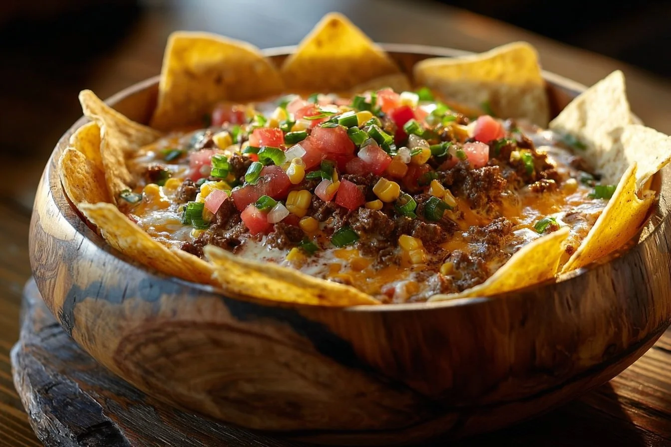 Delicious Texas Trash Dip served in a bowl with tortilla chips.