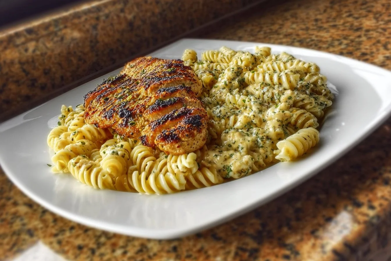 Creamy garlic parmesan chicken pasta with herbs and grated cheese in a bowl