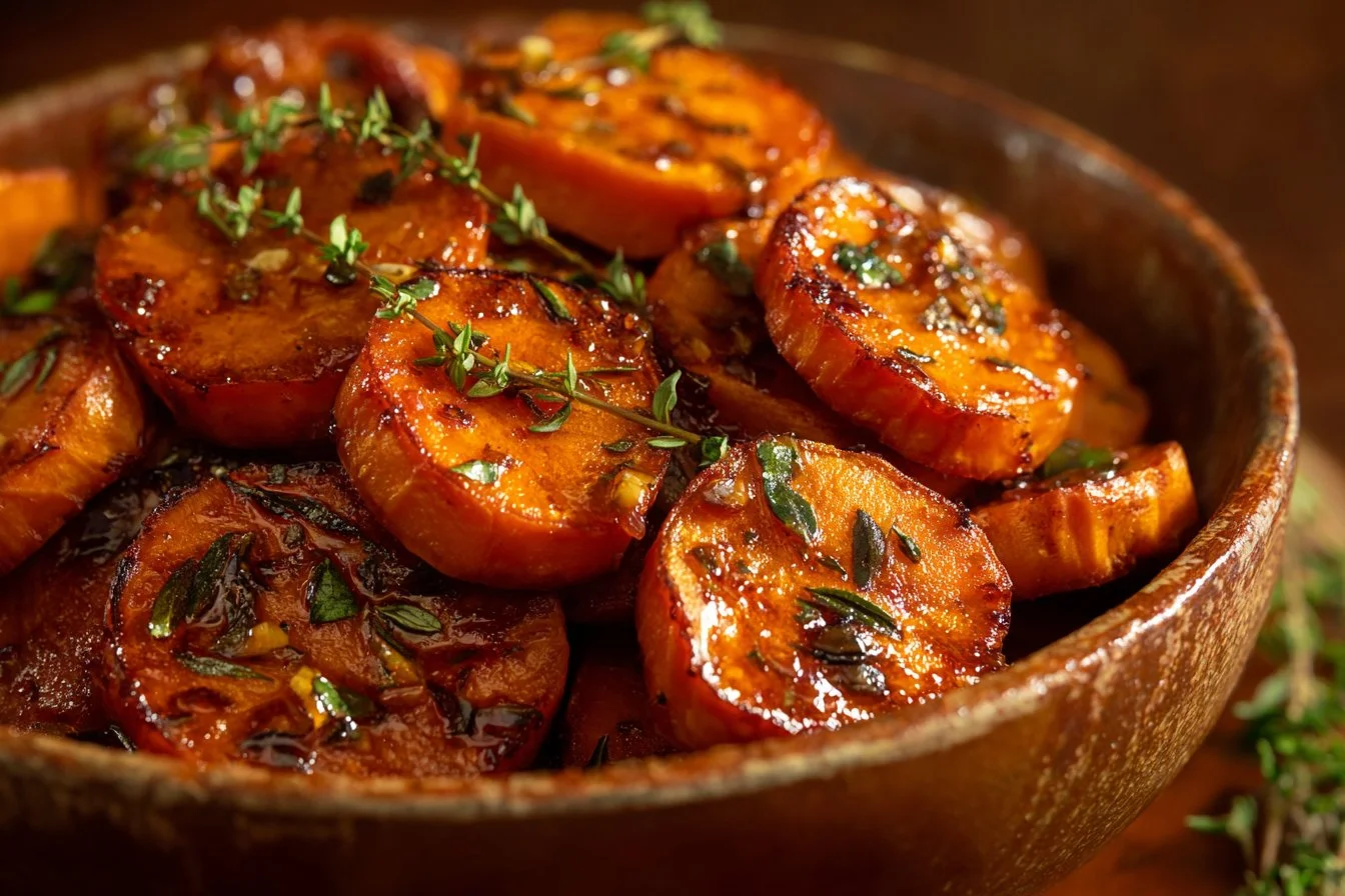 Bowl of walnut maple roasted sweet potatoes garnished with walnuts