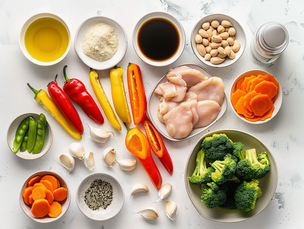 Ingredients for chicken with mixed vegetable stir fry including sliced chicken breast, mixed vegetables, soy sauce, garlic, ginger, cornstarch, and seasonings arranged on a white countertop.