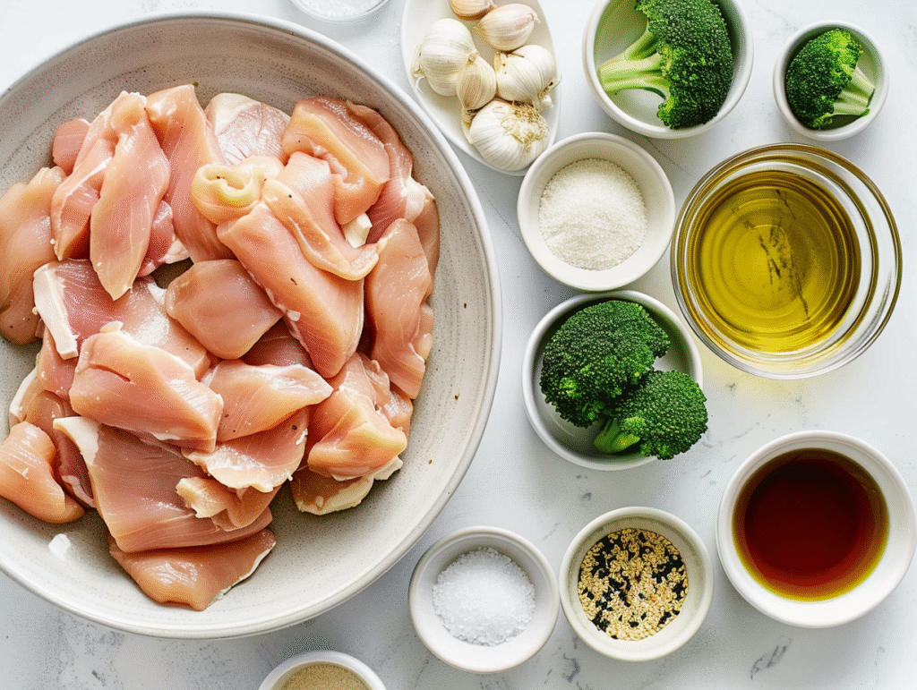 Ingredients for Chinese chicken and broccoli including sliced chicken, broccoli florets, soy sauce, Shaoxing wine, garlic, ginger, cornstarch, sesame oil, sugar, salt, and cooking oil arranged on a white countertop.