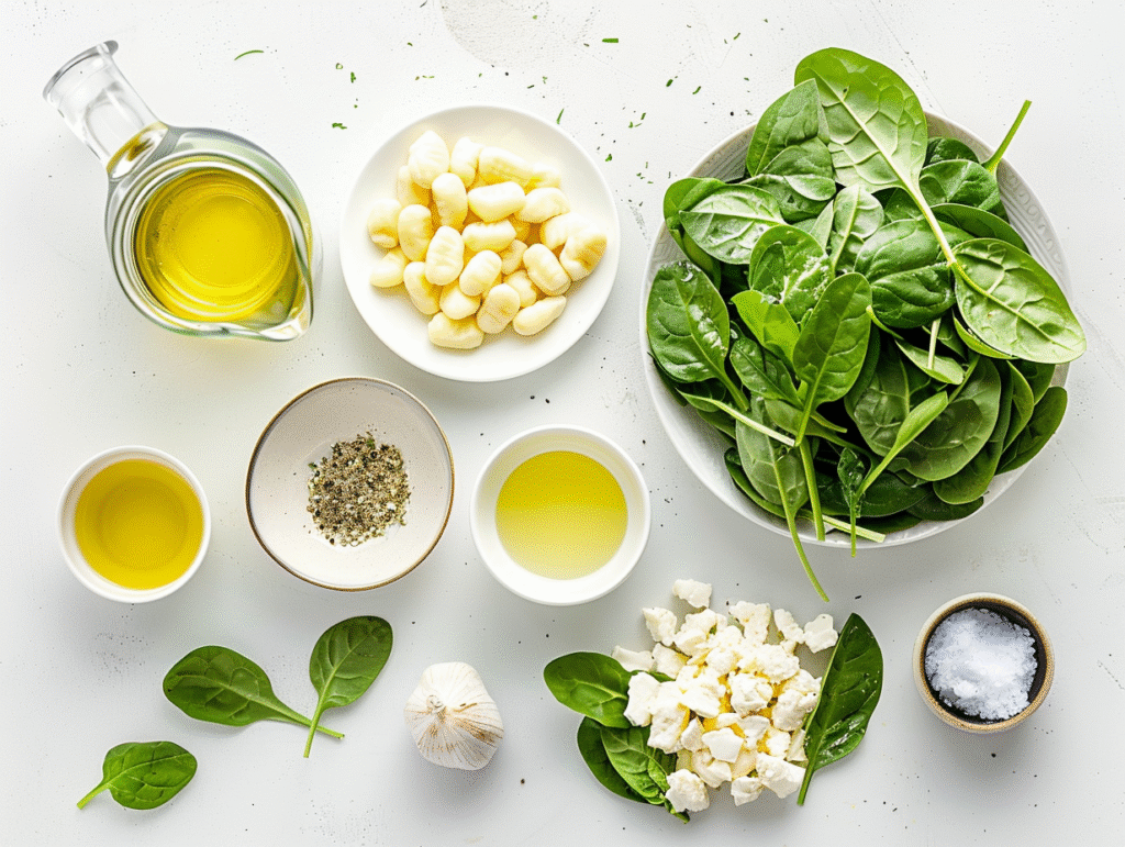 Ingredients for creamy gnocchi with spinach and feta, including gnocchi, fresh spinach, crumbled feta, heavy cream, olive oil, and minced garlic arranged on a white countertop.
