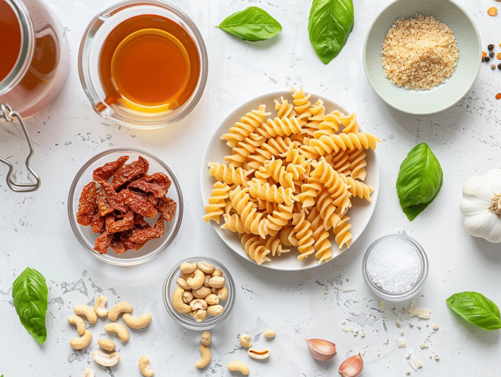 Ingredients for creamy vegan sun-dried tomato pasta, including pasta, cashews, sun-dried tomatoes, garlic, vegetable broth, basil, vegan parmesan, and red pepper flakes arranged on a white countertop.