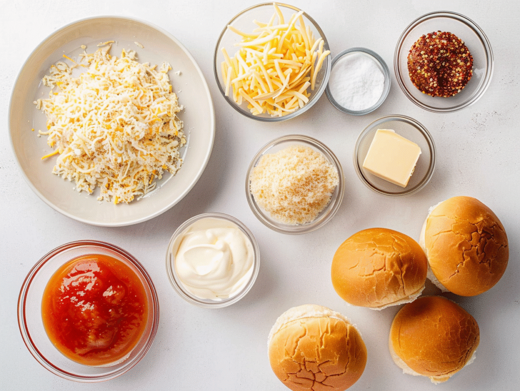 Ingredients for dynamite chicken buns including shredded chicken, breadcrumbs, cheddar cheese, mayonnaise, hot sauce, spices, burger buns, and butter arranged on a white countertop.