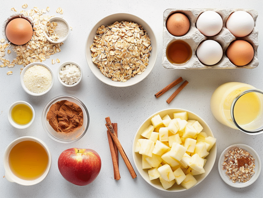 Ingredients for healthy oatmeal apple cake including rolled oats, applesauce, diced apples, milk, honey, eggs, and spices arranged on a white countertop.