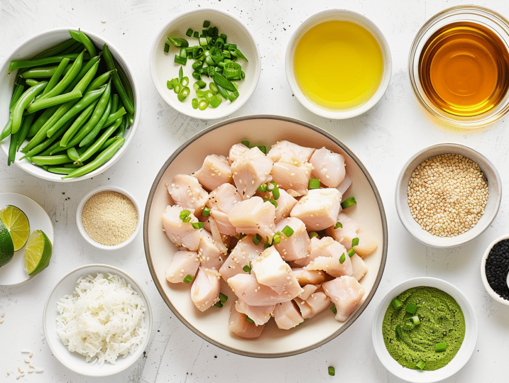 Ingredients for healthy sesame chicken including cubed chicken, cooked rice, green beans, coconut aminos, honey, sesame oil, garlic, ginger, lime, and sesame seeds arranged on a white countertop.