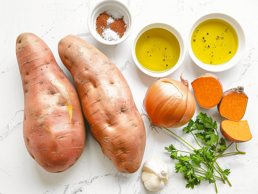 Ingredients for healthy sweet potato hash browns including whole sweet potatoes, onion, olive oil, salt, pepper, and optional seasonings arranged on a white countertop.