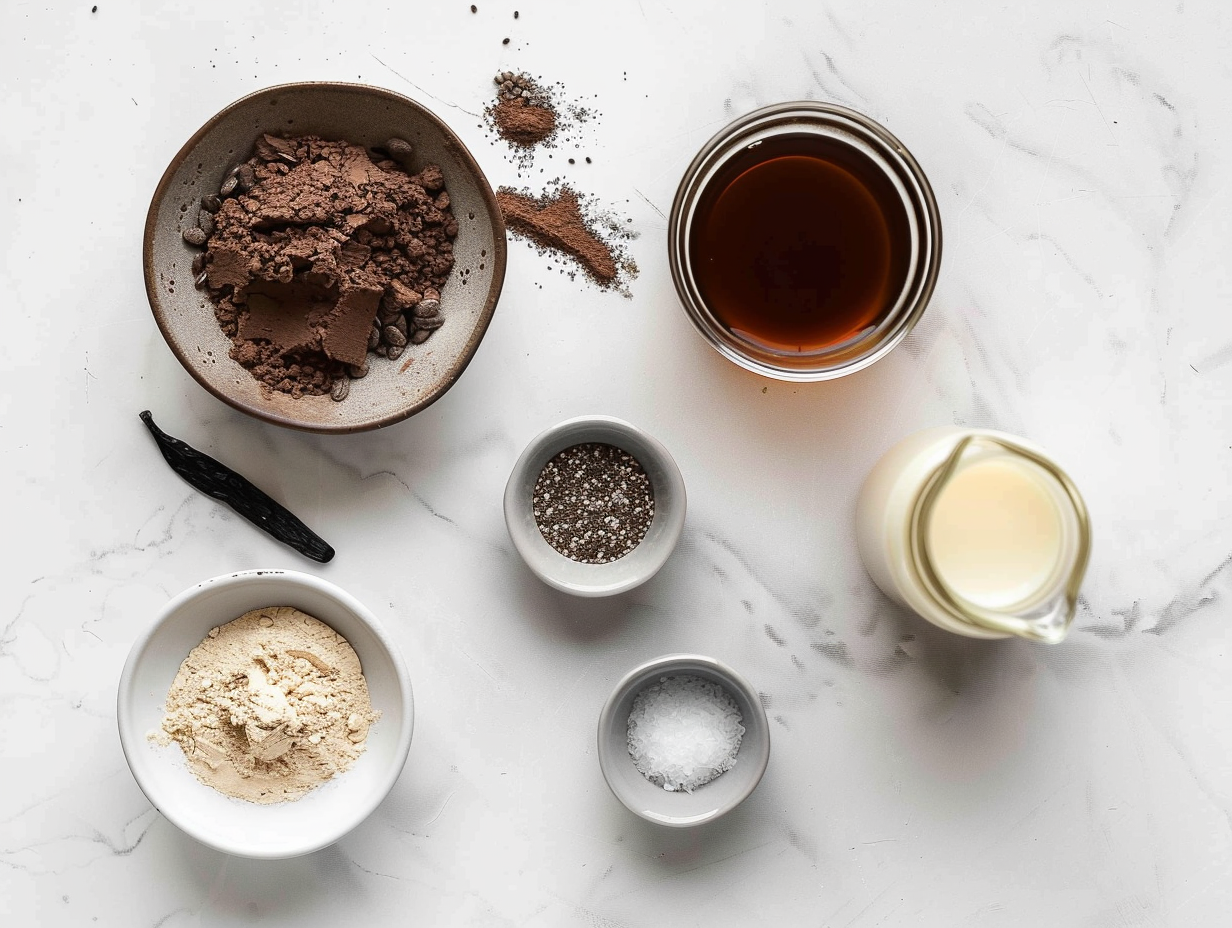 Ingredients for high protein chocolate chia seed pudding including chia seeds, almond milk, chocolate protein powder, maple syrup, vanilla extract, and salt arranged on a white countertop.
