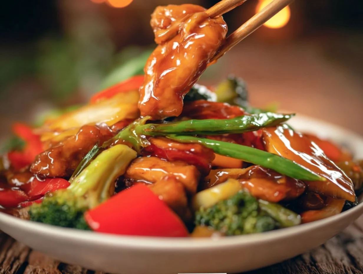 Chicken with Mixed Vegetable Stir Fry served in a bowl, coated in glossy sauce with broccoli, peppers, and green beans.