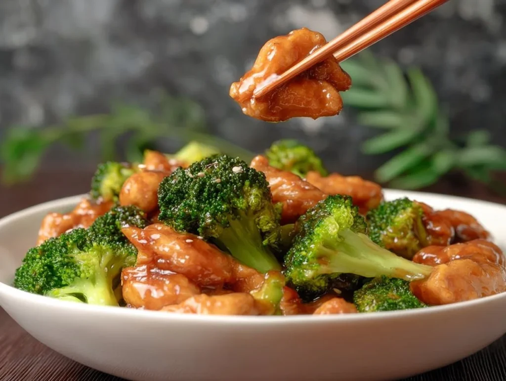 Delicious Chinese Chicken and Broccoli stir-fry served on a plate.